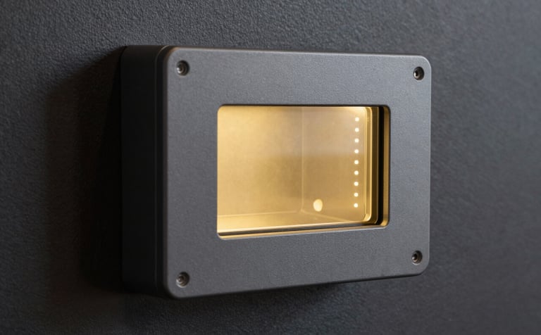 Close-up of a premium biometric security terminal with a sleek slate grey finish, featuring an antique gold glowing scanning surface, mounted on a deep charcoal textured wall.