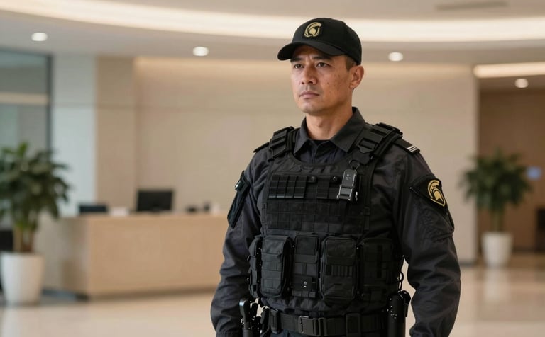 A professional security officer in a deep charcoal tactical uniform with a subtle antique gold Spartan crest on the sleeve, standing guard in a modern corporate lobby with soft beige lighting, professional and authoritative atmosphere.