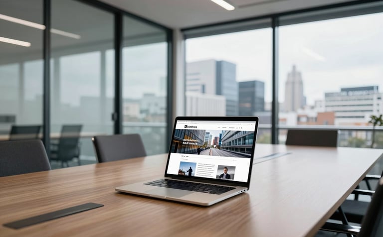 A wide shot of a contemporary British boardroom with glass walls overlooking a cityscape. A high-spec laptop shows a professional website layout. The lighting is bright and clean, reflecting a trustworthy corporate environment.