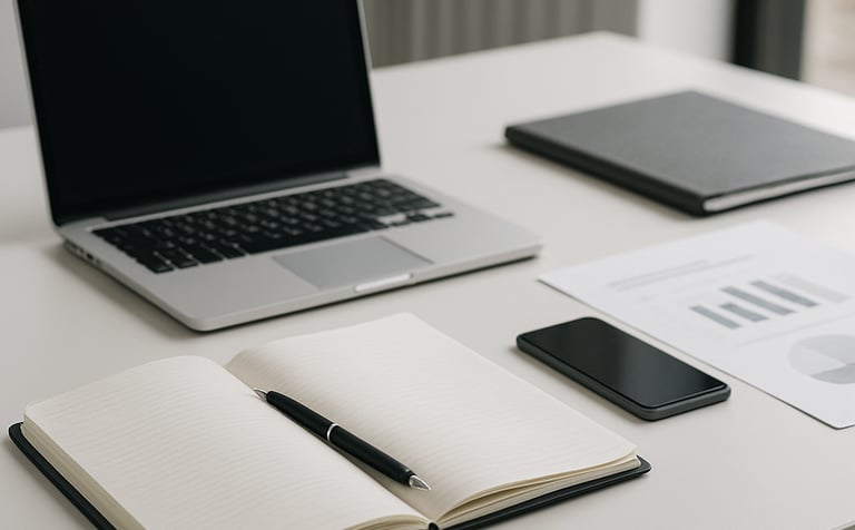 Modern photography of a clean workspace in a Northern European office. A sleek laptop sits next to official-looking incorporation documents and a designer pen. Soft morning light, professional atmosphere, navy blue and silver accents.