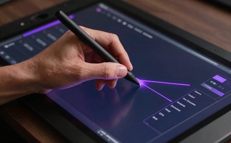 A close-up shot of a designer's hand using a precision stylus on a large graphic tablet, displaying a futuristic user interface with electric purple highlights against a deep navy background.