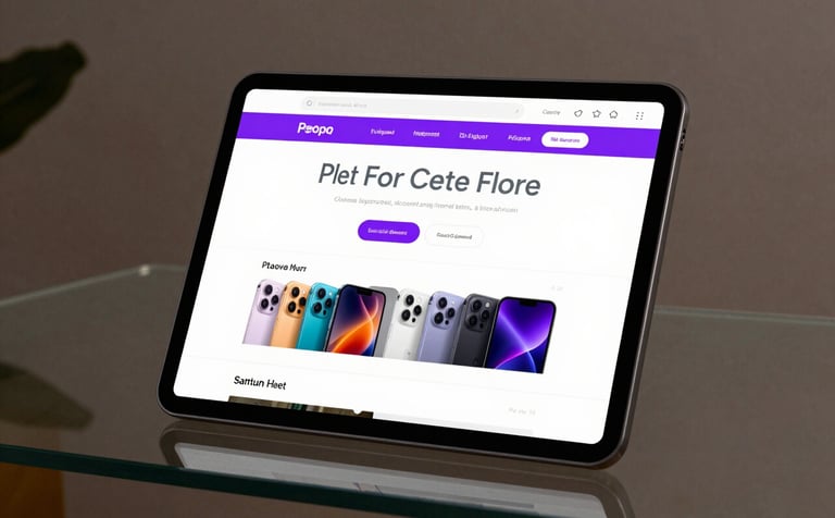 A sleek tablet standing on a glass table in a modern studio, showing a vibrant e-commerce product page with light grey typography and electric purple accents.