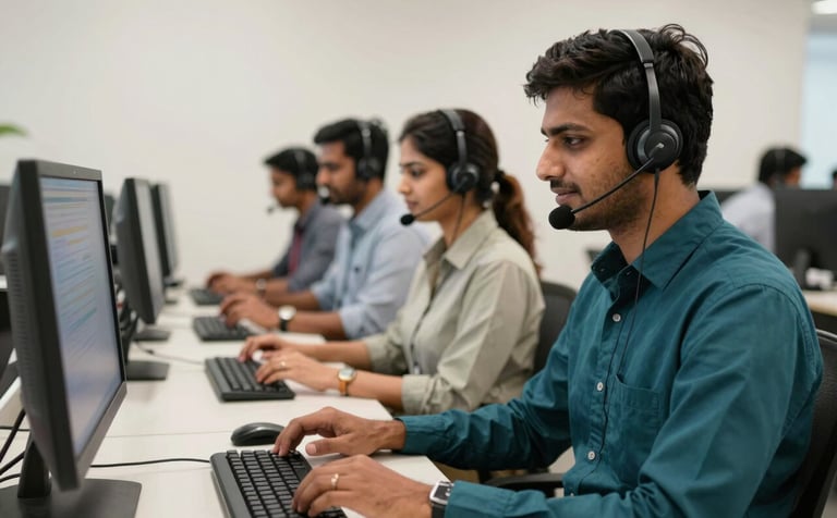 A photography shot of the 24/7 helpdesk team in a clean, professional office in Uttar Pradesh, India. Friendly South Asian staff members are seen wearing headsets and interacting with computer screens, representing dedicated customer service and grievance management. Deep teal and off-white color palette.