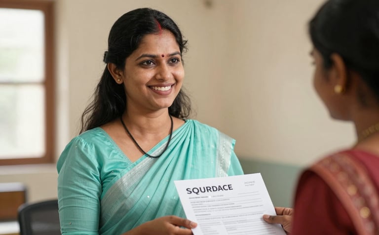 A close-up photograph of a professional South Asian female bank officer in a light teal saree, smiling warmly while showing a loan application document to a rural woman. The setting is a clean, sunlit village office with soft natural lighting and a mood of empowerment and trust.
