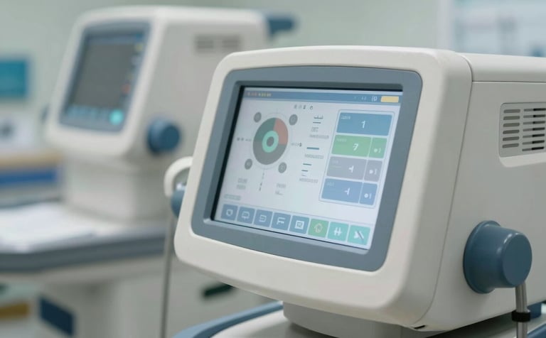 A close-up photograph of high-tech medical equipment in a North American / US hospital setting. The focus is on the sleek industrial design and interface, illuminated by cool daylight and soft artificial light in shades of off-white and light blue.
