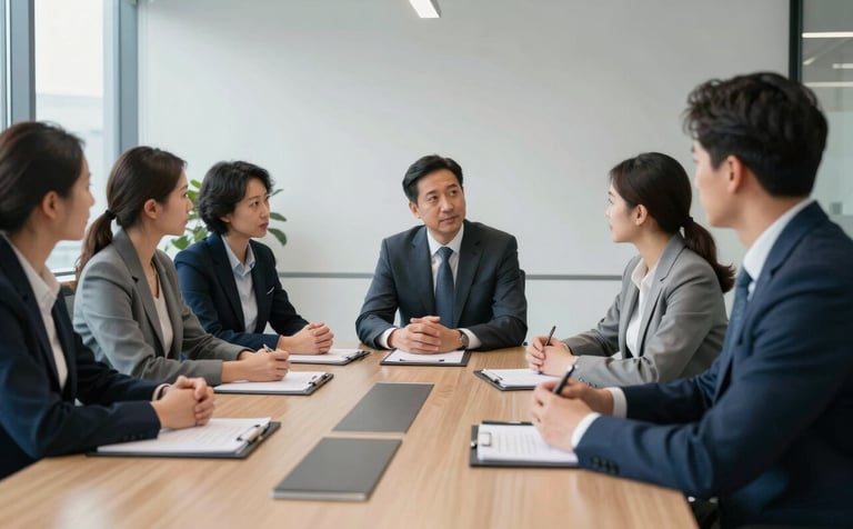 A professional boardroom in a North American / US pharmaceutical office. A team of experts in professional business attire is gathered around a table for a strategy meeting. Natural light floods the space, with a dark blue and light gray color palette.