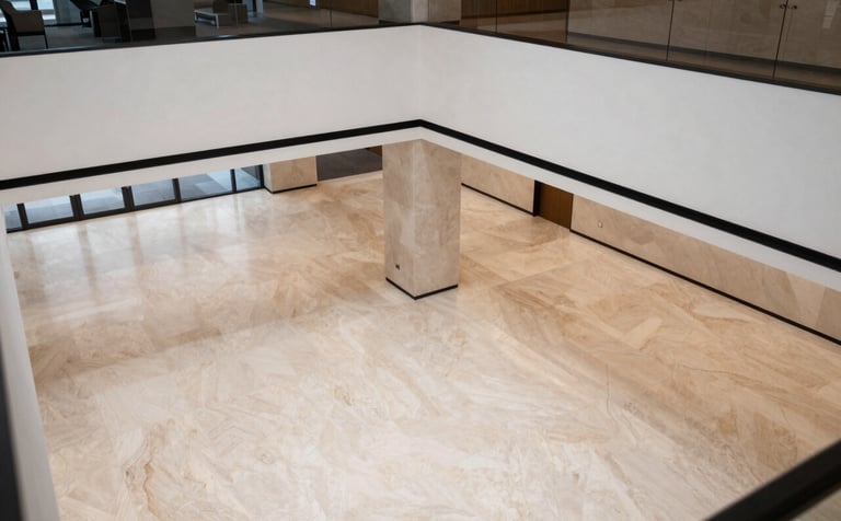 High-angle shot of a minimalist, modern office lobby with high ceilings and architectural lines in a North American business district. The floor is polished light stone, reflecting soft lighting. The scene conveys stability, innovation, and large-scale financial reliability.