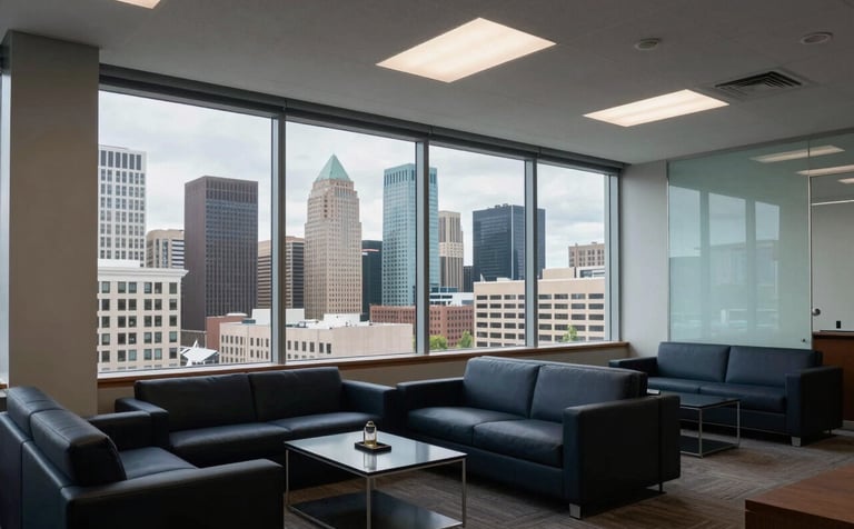 Interior of a modern, upscale financial office in Spokane, Washington. A large window overlooks a professional North American city skyline during the daytime. The room is filled with dark navy furniture and light blue glass accents. The atmosphere is quiet, professional, and sophisticated.