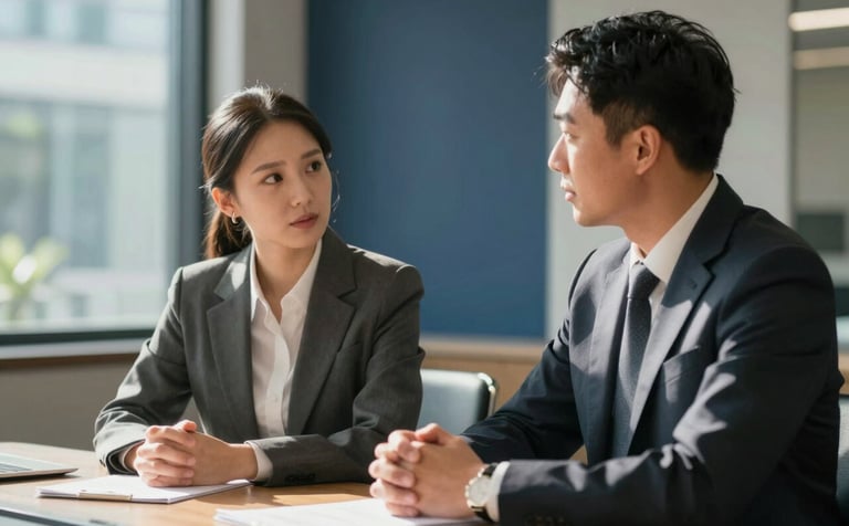 A medium shot of two professionals in corporate attire having a serious but calm discussion in a sunlit conference room in a North American business hub. The lighting is soft and natural, emphasizing a sense of trust and partnership. The background shows blurred glass and navy blue accents.