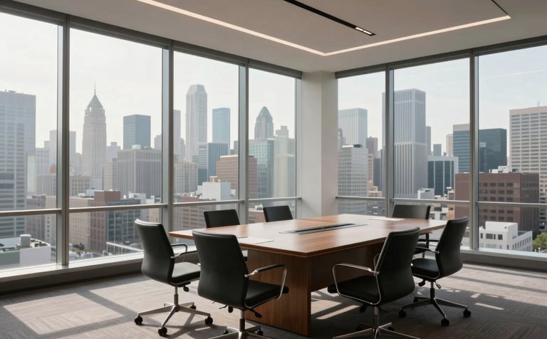 A wide-angle shot of a bright, contemporary North American boardroom with floor-to-ceiling windows. The city skyline is visible in soft morning light. The style is modern, efficient, and empowering, with a focus on professional success.