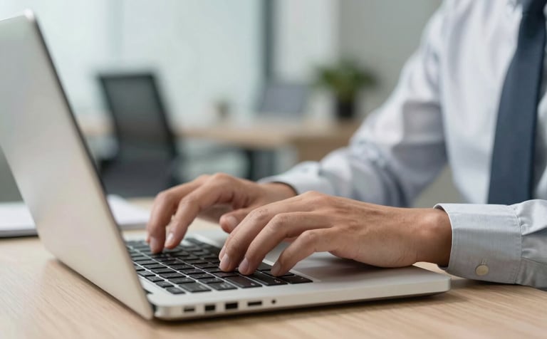 An action shot of a professional recruiter's hands typing rapidly on a high-end laptop. The background is a blurred North American office with a palette of pale mist white and muted slate gray. Focus is sharp on the efficiency of the work.