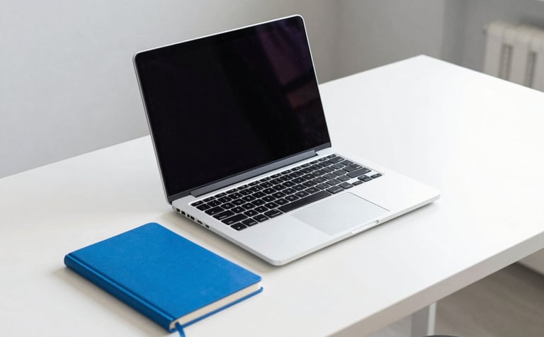 A sharp, high-key photograph of a modern, minimal workspace in a North American city. A sleek laptop sits on a clean white desk next to a bright sapphire blue notebook. The lighting is crisp and professional, emphasizing a mood of speed and clarity.