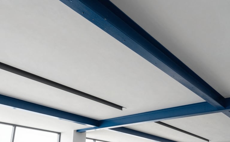 Low angle photography of a perfectly finished dropped ceiling in a minimalist office building in Utrecht. Steel blue accents in the architecture, bright and airy Northern European aesthetic, focus on geometric precision.