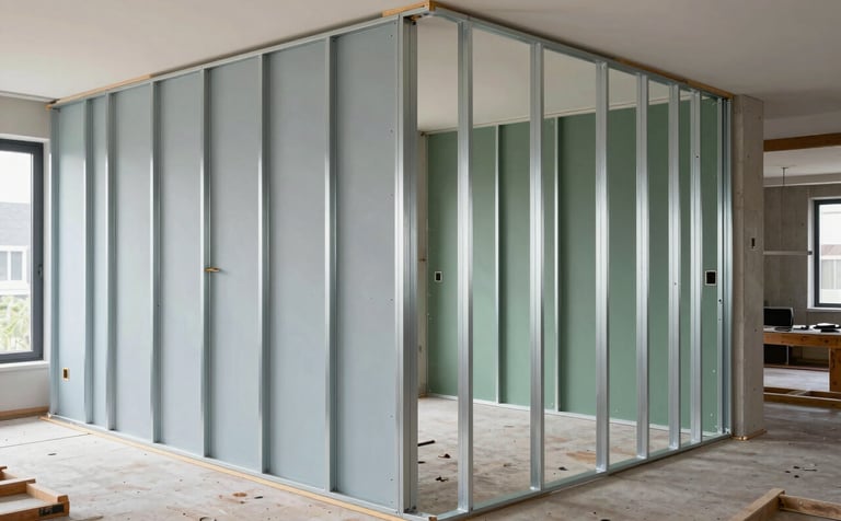 A professional construction scene in a modern Dutch apartment. Installation of metal stud partition walls. Bright natural light, clean workspace, showing high-quality craftsmanship in the Northern European style. Colors include light blue-grey and muted green.