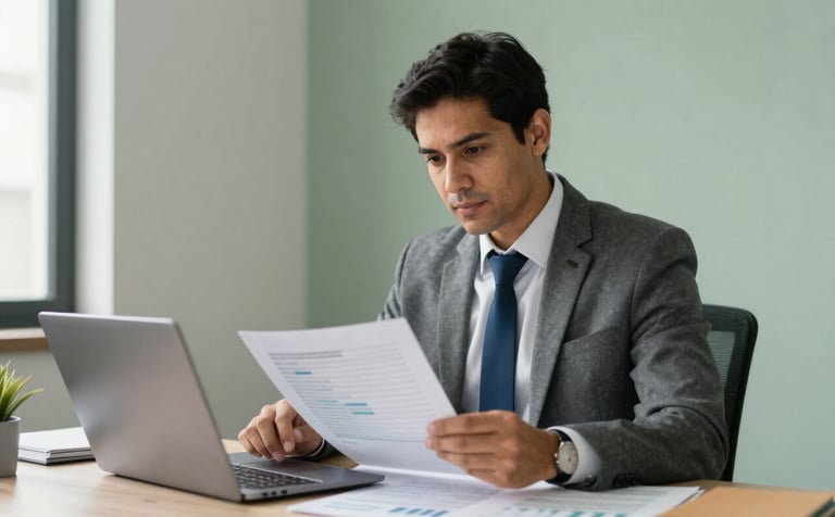 A professional South American / Brazilian accountant in a bright, modern office, reviewing financial documents on a desk with a laptop. The room features soft sage green and pearl grey walls, creating a clean and trustworthy atmosphere. Soft natural lighting.