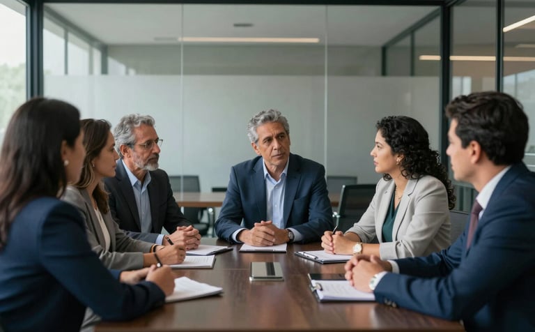 A diverse group of South American / Brazilian family business partners sitting in a modern conference room with glass walls, discussing plans. Dark slate blue and pearl grey palette.