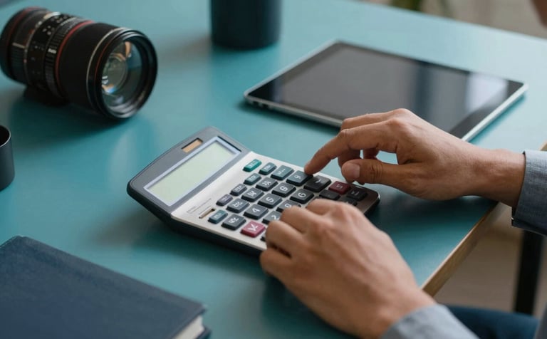 Close-up of the hands of a South American / Brazilian professional using a calculator and a tablet at a desk. Deep forest teal and dark slate blue office accessories are visible. Professional and modern environment.
