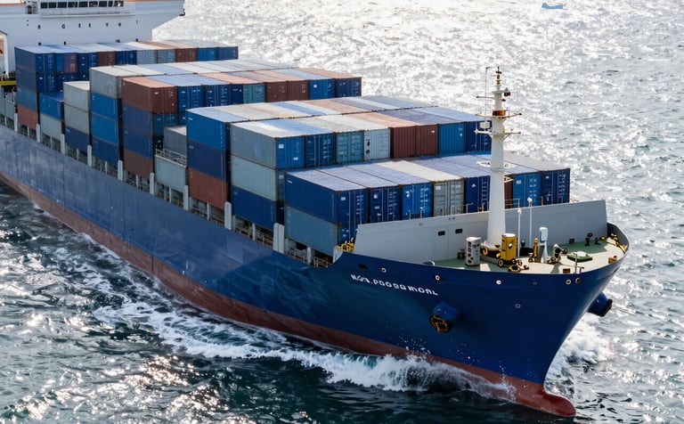 Professional high-angle shot of a massive cargo vessel at sea, stacked with steel blue and deep navy shipping containers, bright daylight reflecting off calm ice white waves, modern and efficient atmosphere.