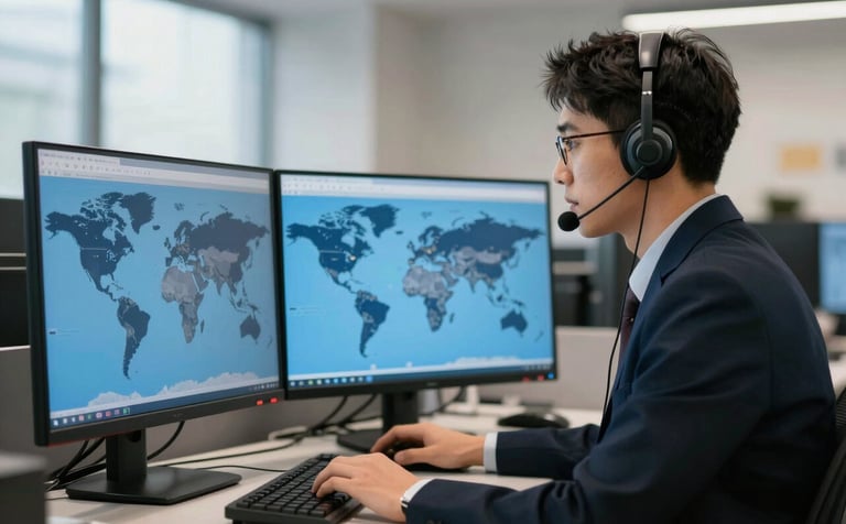 A professional customer service representative in a modern office with multiple monitors showing global shipping maps in sky blue and navy, soft natural lighting.