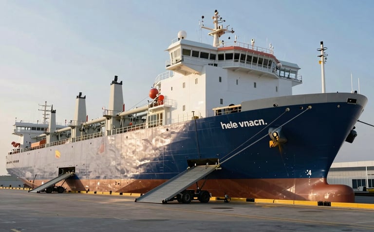 A large white and steel blue Ro-Ro ship docked at a modern port terminal, vehicle ramps deployed, shot during a clear morning with crisp light emphasizing reliability.