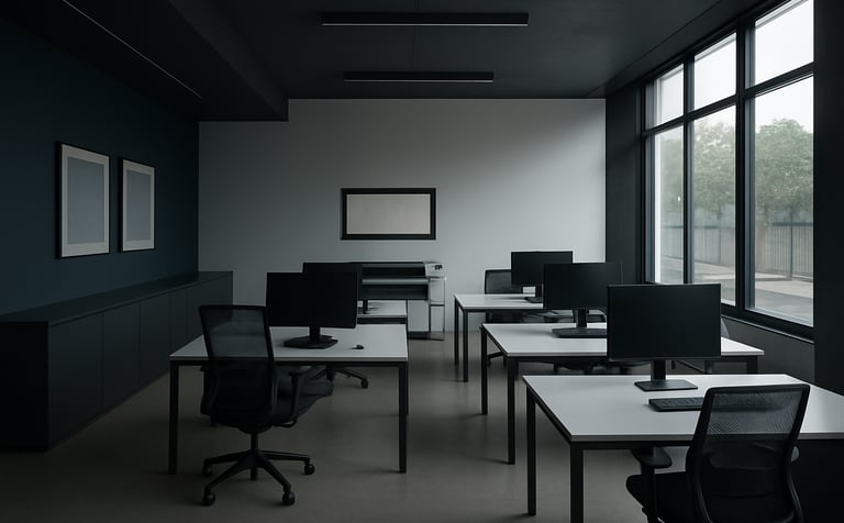 A wide-angle shot of a sophisticated, modern South American / Brazilian design and printing firm. Large windows letting in soft natural light, clean desks with high-tech equipment, and subtle dark navy and misty white color palette throughout the architecture.