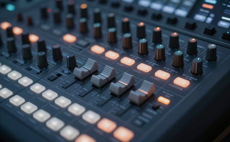A top-down view of a professional audio mixing console with illuminated buttons. The aesthetic is clean and modern, incorporating #2C3E50 and #BCAAA4 tones. The lighting emphasizes a high-tech, efficient commercial production environment.
