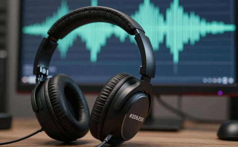 Close up of studio headphones and a digital wave form on a monitor in the background. Professional studio vibe with #2C3E50 and #8D6E63 accents. The image conveys energy and high-fidelity sound quality for event promotions.