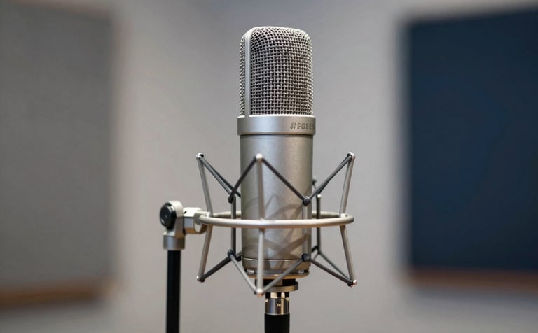 A high-end professional microphone in a minimalist recording studio setting. The lighting is soft and serene, featuring the brand palette colors of #F8F8F8 and hints of #2C3E50 in the shadows. The atmosphere is respectful and professional, suitable for evangelical audio production.