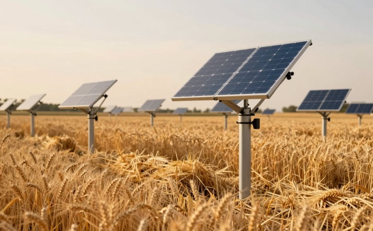 Technological smart solar trackers in a field in Occitanie. The trackers are tilting to follow the sun. Below, golden wheat is harvested. The scene combines traditional agriculture with cutting-edge technology. The lighting is golden hour, with solar yellow hues (#E7C66B). Professional, clean composition reflecting reliability.