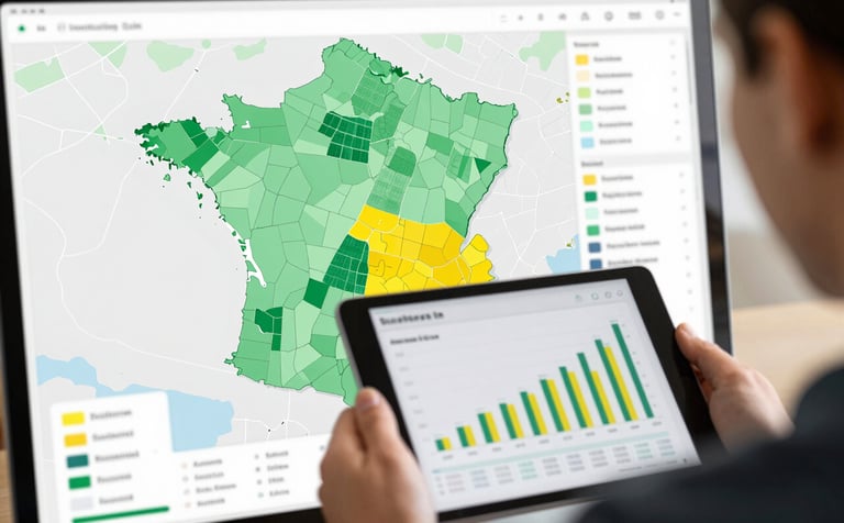 A clean, technological view of a digital map showing land parcels in Southern France. Data overlays indicate solar potential and soil humidity. A pair of hands holds a tablet showing yield charts. Professional expertise atmosphere, using white, emerald green (#2E7D65) and solar yellow (#E7C66B) accents.
