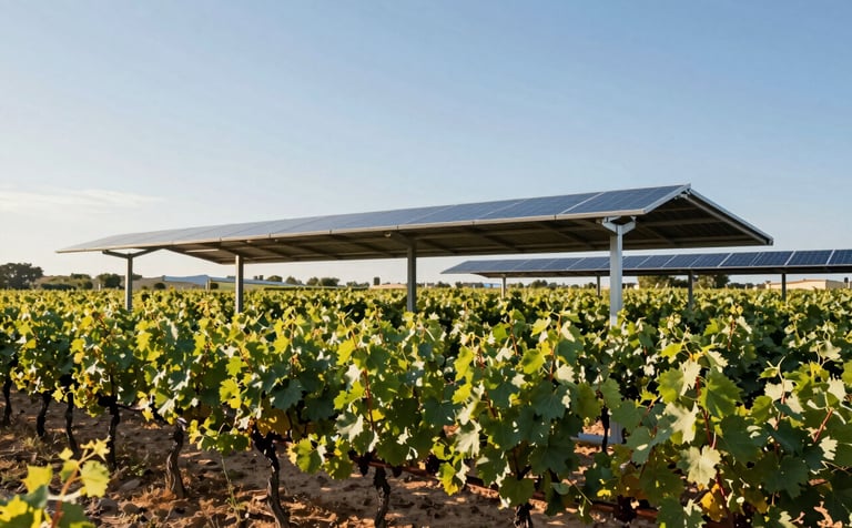 A wide-angle shot of advanced solar shades installed over a lush vineyard in Provence. The structures are sleek and modern, casting controlled shadows on the vines. The sky is a clear Mediterranean blue. The lighting is bright and warm, emphasizing the emerald green of the leaves (#2E7D65) and the metallic sheen of the solar panels. High-end photography style.