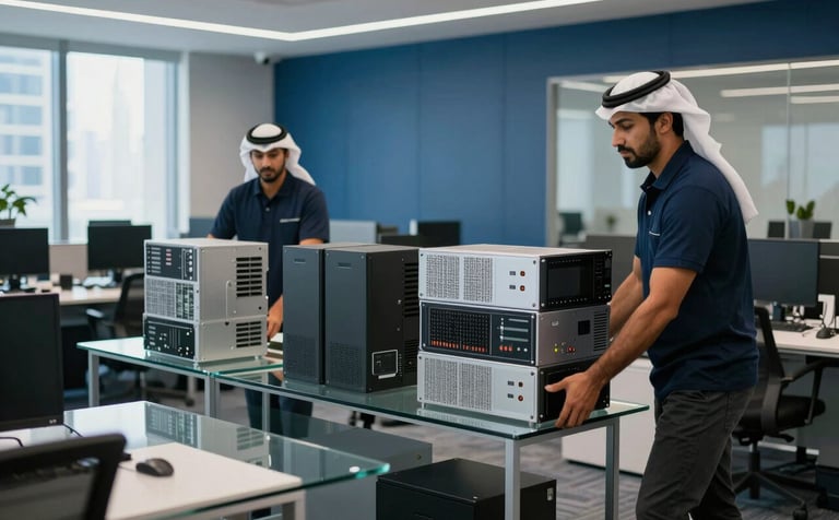 Organized office relocation scene with movers handling high-end computer equipment and glass desks in a sleek office building in Abu Dhabi, Middle Eastern / Gulf business environment, professional lighting, deep blue color accents.