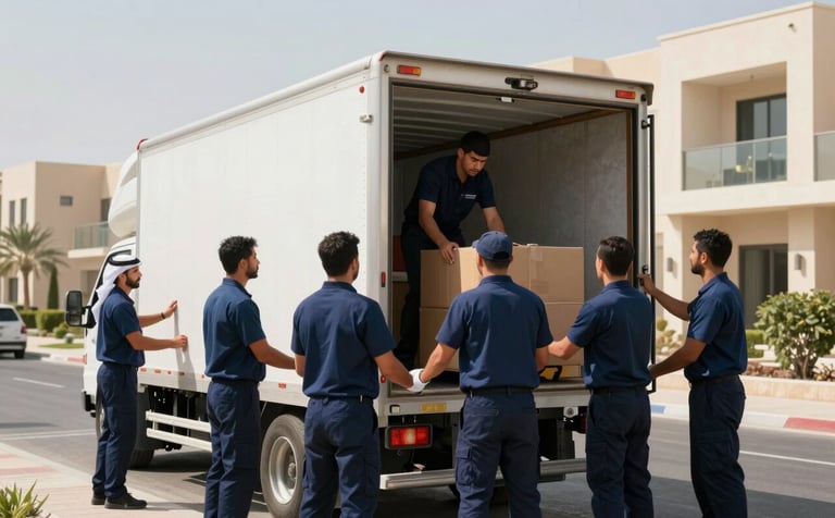 A professional team in uniforms carefully loading a residential moving truck in a modern neighborhood in Al Ain, Middle Eastern / Gulf setting, bright daylight, emphasizing efficiency and care, muted blue and deep blue colors.
