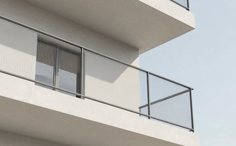A close-up shot of a high-tensile safety net installed on a modern, minimalist balcony with clean Scandinavian lines. The lighting is bright and natural. Touches of #2E4C38 appear in the building's trim against the #F7F4EC wall, emphasizing a secure yet elegant home environment.