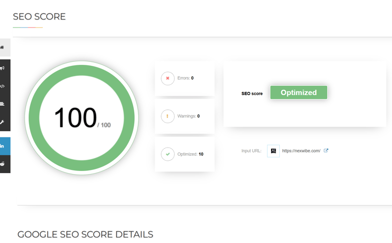 The real SEO score of Nexwibe website from Google seo checker.
