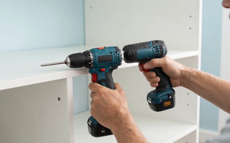Detailed close-up of a professional handyman using a modern power drill to assemble a clean white cabinet. Bright, interior setting in a French home. The scene is organized and emphasizes precision. Colors include white, light blue, and black.