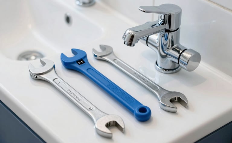 Professional photography of a set of clean, high-quality plumbing wrenches and a modern chrome faucet on a white surface in a bright bathroom in Southern France. The style is expert and tidy, featuring a palette of white and electric blue.