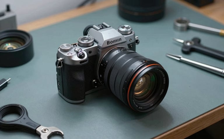 A sharp, detailed photograph of a clean professional workbench featuring a repaired high-end camera and specialized tools. The scene uses muted teal grey and dark slate blue tones.