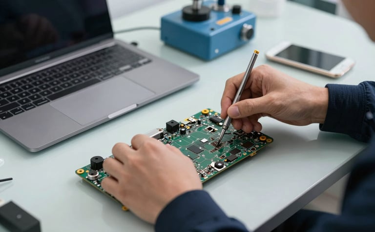 A professional, high-angle close-up photograph of a technician's hands using precision tools to repair the motherboard of a modern laptop. The workbench is clean and organized, illuminated by clear, professional lighting. The color palette features midnight navy in the technician's sleeve and dusty blue accents on the specialized repair equipment. The background shows a soft-focus, organized workshop environment with pale mist surfaces, emphasizing modern professionalism, expert precision, and a commitment to quality restoration.