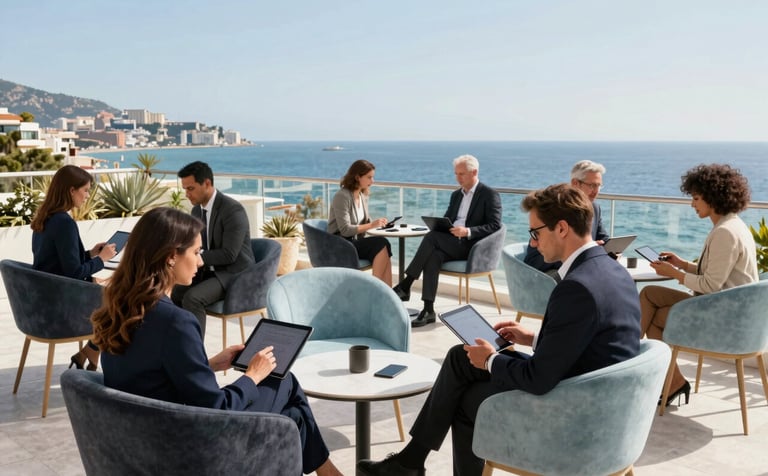 A wide-angle shot of a collaborative business terrace in Malaga. Professionals in smart-casual attire are working on tablets with a view of the Mediterranean coastline in the background. The scene is sophisticated and trustworthy, with high-end modern furniture in charcoal and pale blue tones.