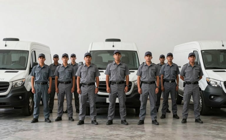 An organized group of couriers in slate grey uniforms standing next to their vehicles in a minimalist warehouse setting in South America / Colombia. The lighting is soft pearl white, conveying a sense of efficiency, professional logistics, and reliability.