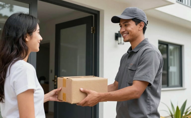 A delivery professional in a slate grey uniform handing a package to a smiling person at the entrance of a modern apartment building in a South American / Colombian residential area. The lighting is bright and natural, emphasizing trust and friendly service.