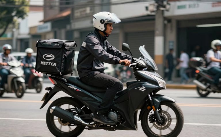 A professional courier wearing a dark charcoal jacket and a pearl white helmet, riding a sleek modern motorcycle through a sunny, busy street in a South American / Colombian city. The focus is on the courier's reliability and speed, with a minimalist aesthetic and blurred urban background.