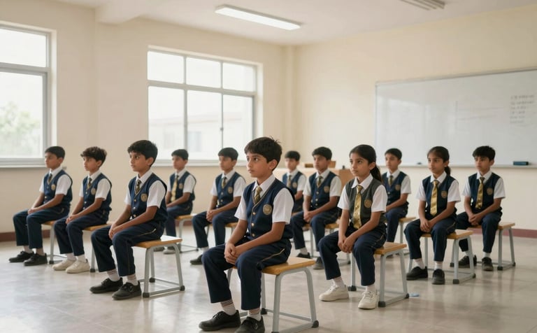 Wide shot of primary school children in navy blue and gold uniforms sitting in a bright, modern South Asian / Indian classroom with large windows and soft off-white walls, high-quality photography, professional lighting.