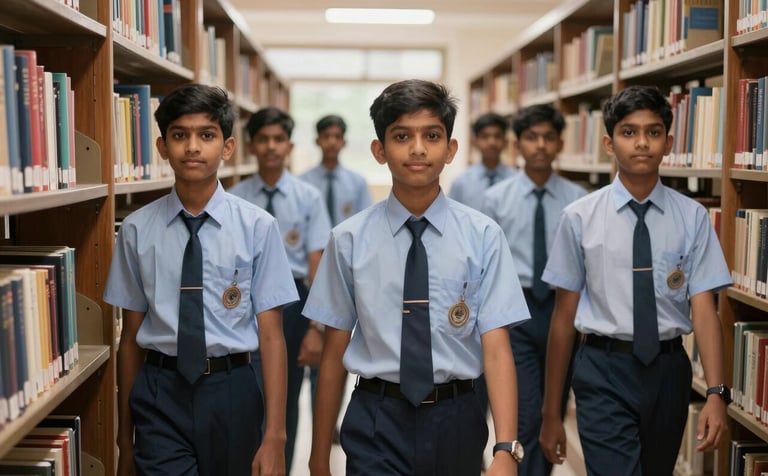 Secondary school students in a sophisticated library in India, wearing professional school uniforms, soft morning sunlight, academic and traditional atmosphere, high-end photography.