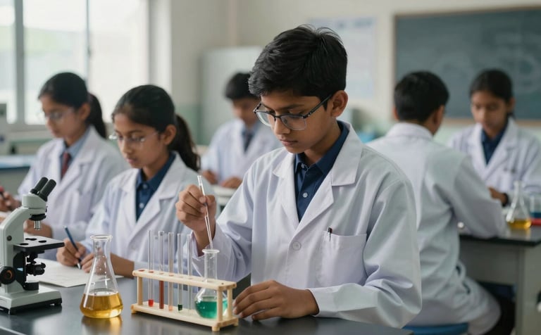 Senior secondary students in a modern science lab in a South Asian / Indian school, wearing lab coats over navy uniforms, focused on a chemistry experiment, muted blue and gold color scheme.