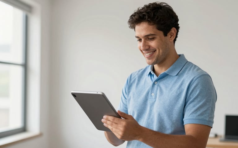 A professional South American / Brazilian expert holding a digital tablet in a bright, modern studio. The environment is sophisticated and approachable, with light blue and off-white accents and natural lighting coming from a side window.