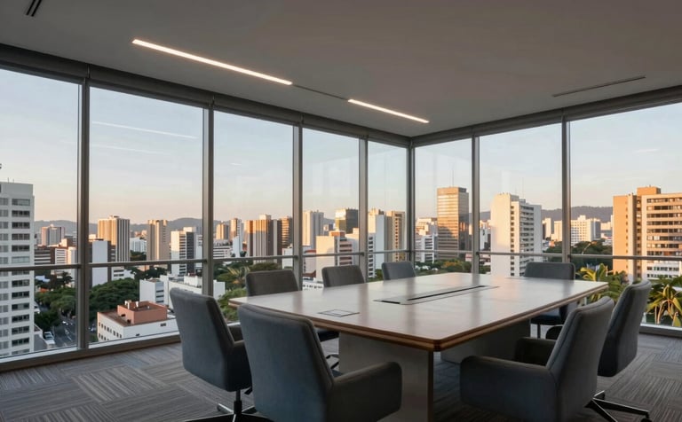 A wide-angle professional photograph of a modern glass-walled meeting room overlooking a Brazilian cityscape. The interior is decorated with grey blue furniture and clean lines, captured during the golden hour to evoke a trustworthy and calm mood.