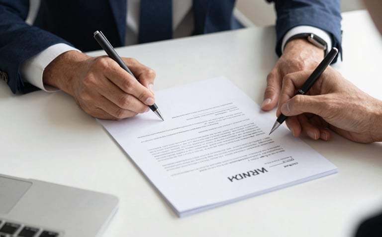 A high-quality professional photograph of a clean, modern desk with a pair of hands signing an official-looking incorporation document. The scene is lit with bright, soft natural light, featuring a palette of cloud white and steel blue.