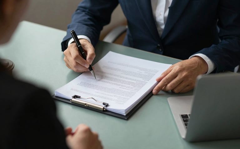 A professional setting where a consultant is explaining documentation to a client. The focus is on a folder of organized papers. The environment is calm and efficient, styled with sage teal and deep navy accents.